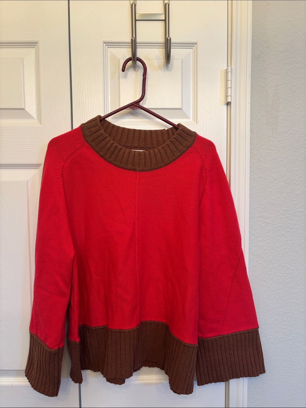 Maeve Red Crewneck Sweater with Brown Trim